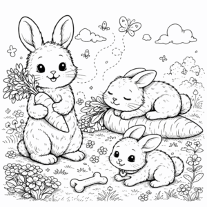 Bunny coloring pages for kids with cute rabbits and a carrot