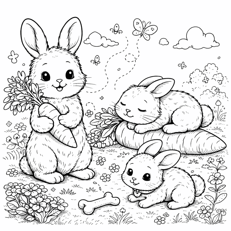 Bunny coloring pages for kids with cute rabbits and a carrot