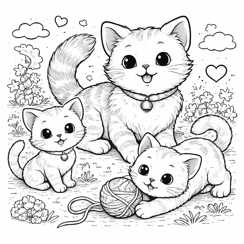 Cat coloring pages for kids with cute kittens and a playful cat