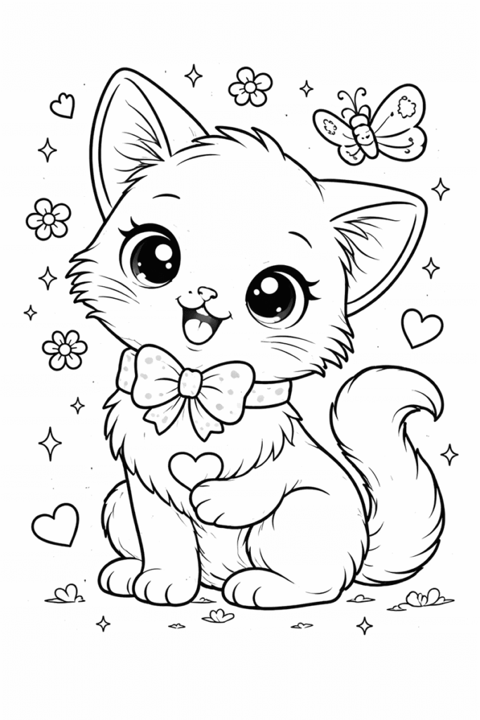 Cute cat coloring page for kids with a smiling kitten and bow