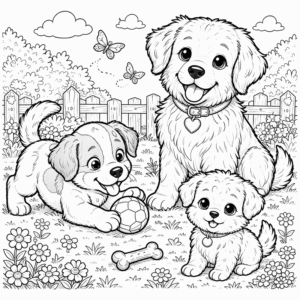 Dog coloring pages for kids with puppies and a playful dog