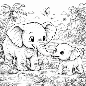 Elephant coloring pages for kids with a big elephant and a baby elephant