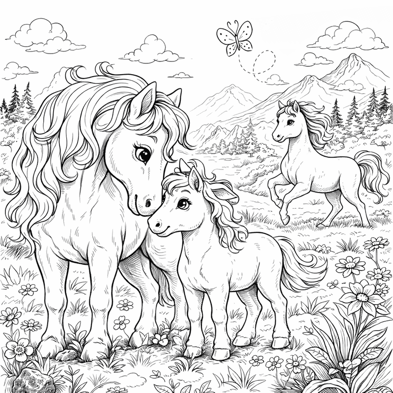 Horse coloring pages for kids with a horse and a baby horse