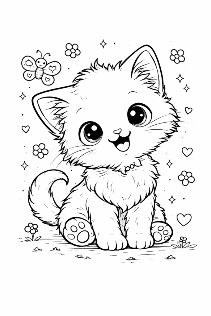 Kitten coloring page for kids with a cute smiling kitten and bow