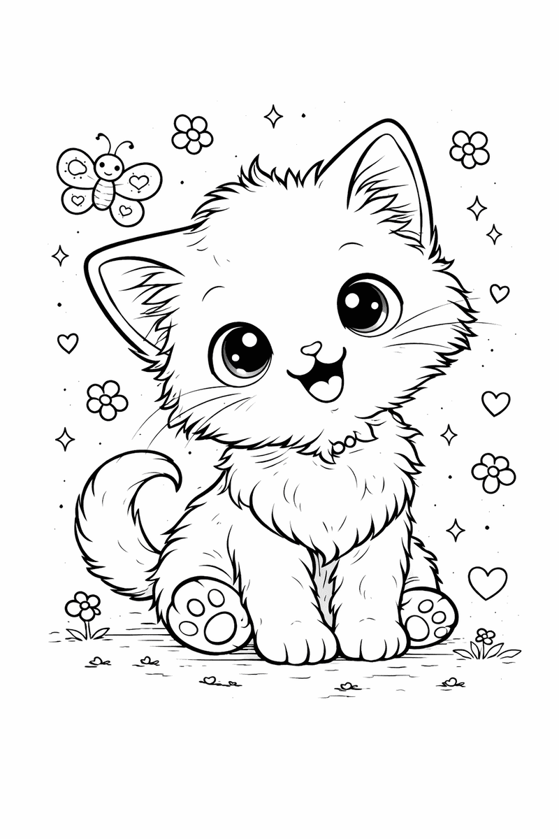 Kitten coloring page for kids with a cute smiling kitten and bow