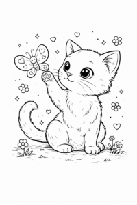 Kitten with butterfly coloring page for kids with a playful kitten reaching toward a butterfly