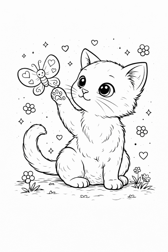 Kitten with butterfly coloring page for kids with a playful kitten reaching toward a butterfly