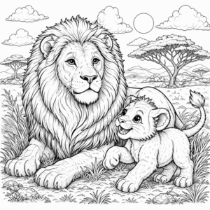 Lion coloring pages for kids with a lion and a cute lion cub