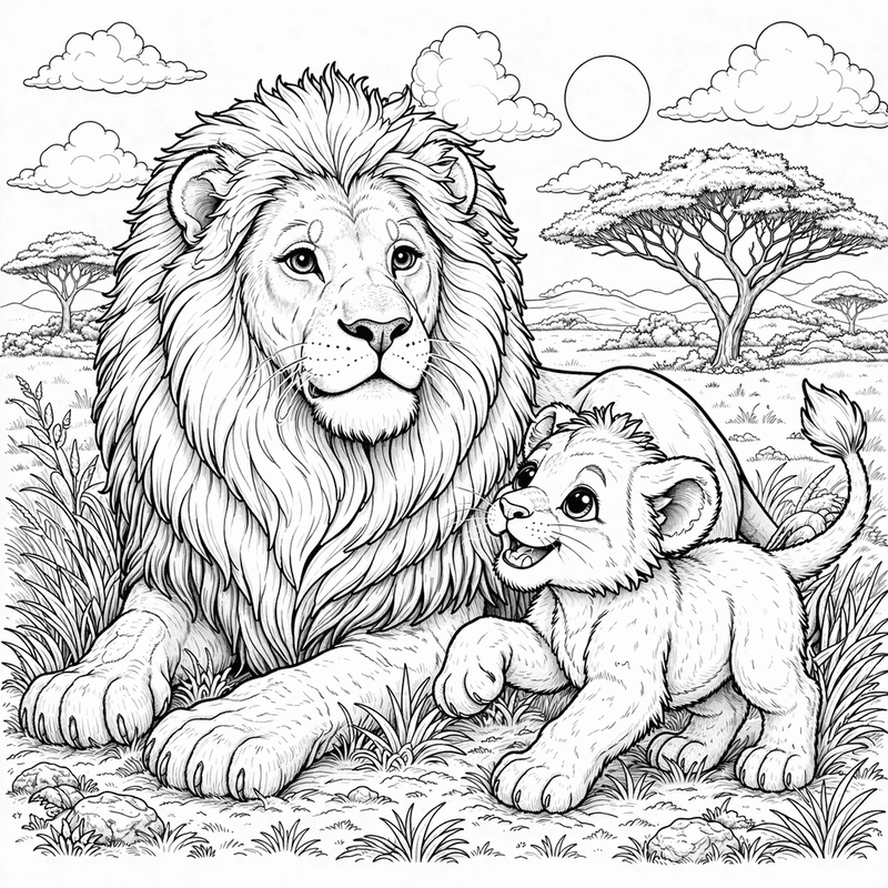 Lion coloring pages for kids with a lion and a cute lion cub