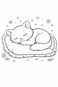 Sleeping cat coloring page for kids with a kitten resting on a soft pillow
