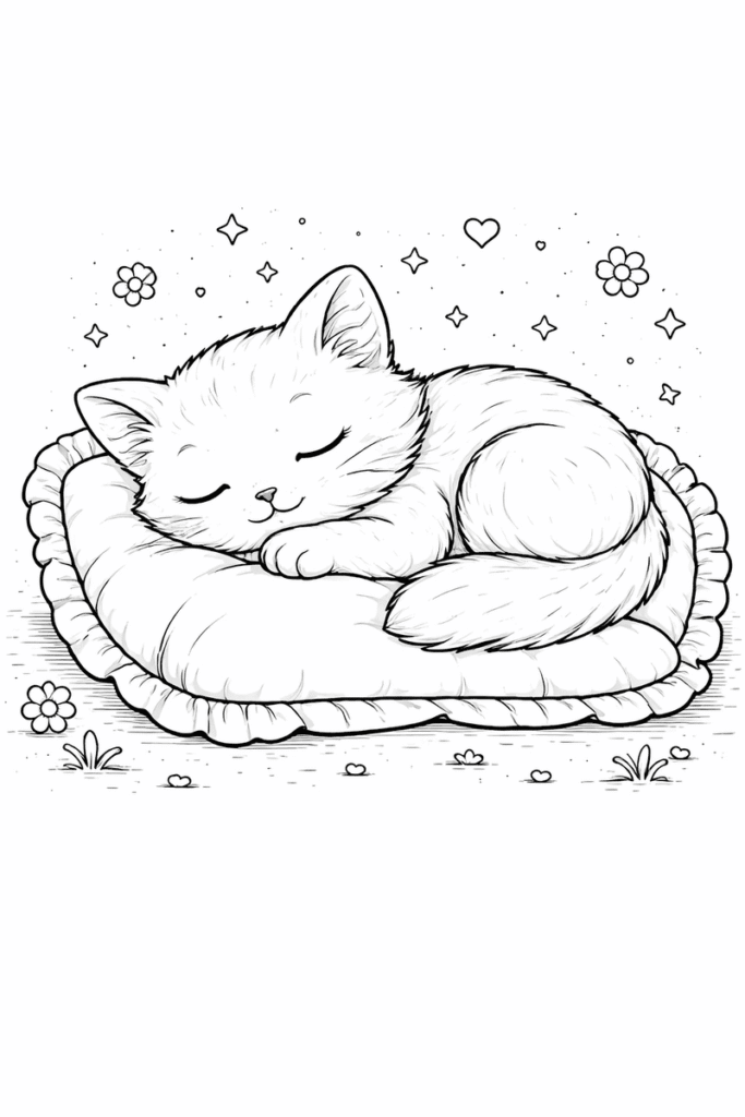 Sleeping cat coloring page for kids with a kitten resting on a soft pillow