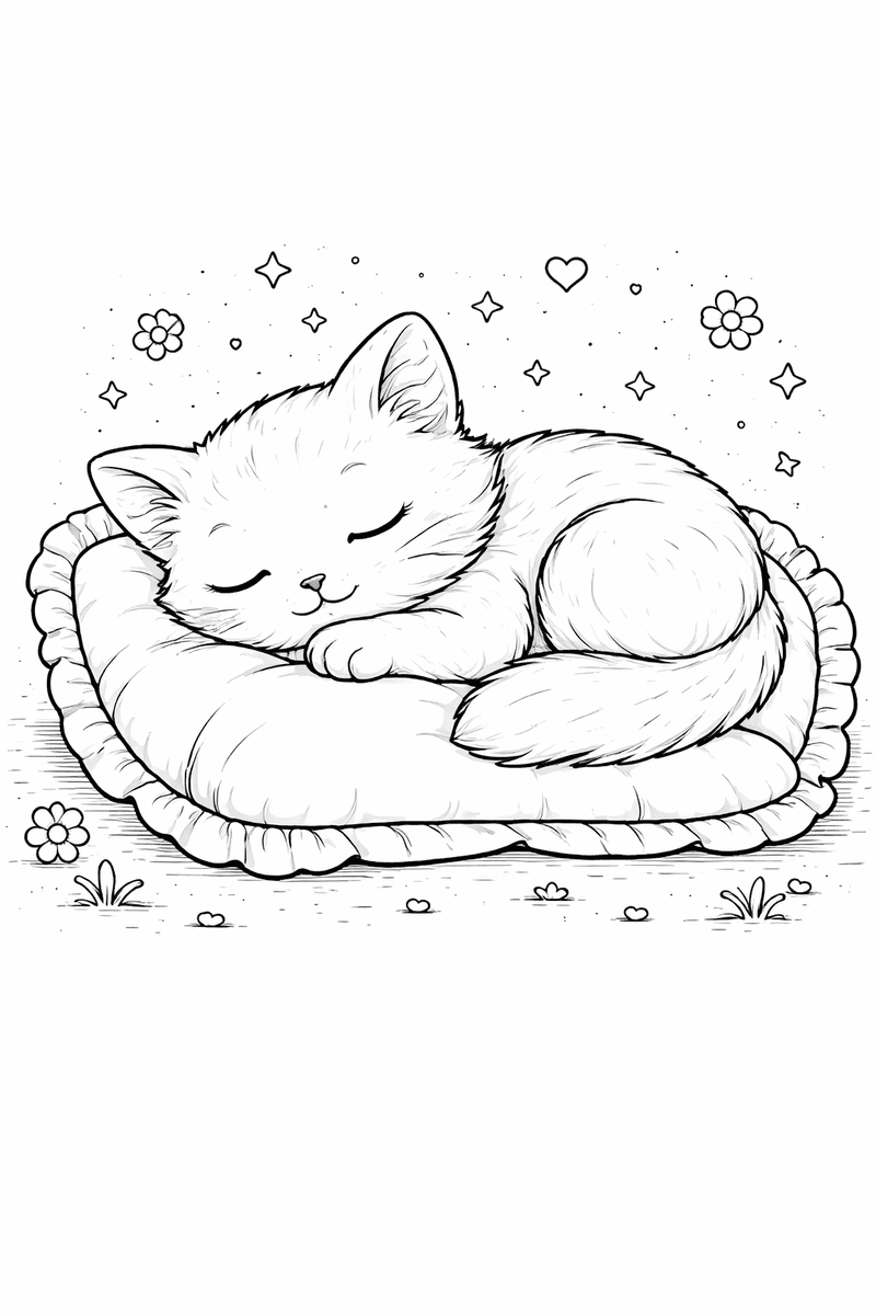 Sleeping cat coloring page for kids with a kitten resting on a soft pillow