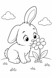Baby bunny coloring page for kids with a cute rabbit sniffing a flower