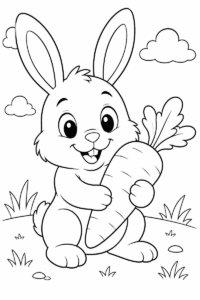 Bunny with carrot coloring page for kids with a cute rabbit holding a big carrot