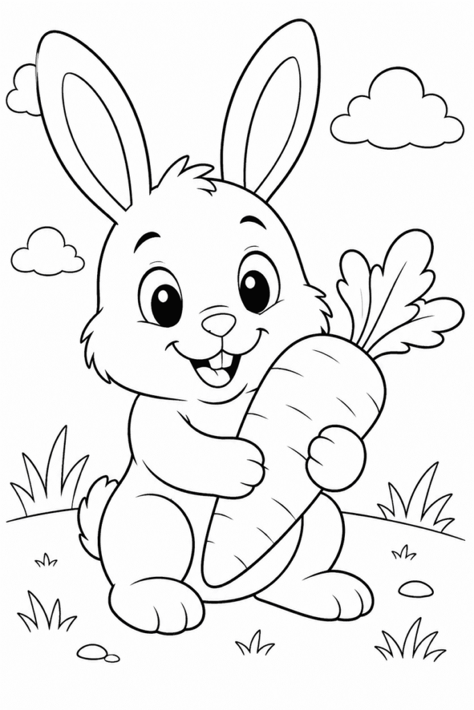 Bunny with carrot coloring page for kids with a cute rabbit holding a big carrot