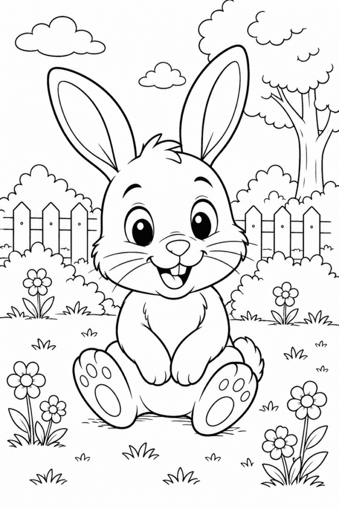 Cute bunny coloring page for kids with a smiling rabbit sitting in a garden