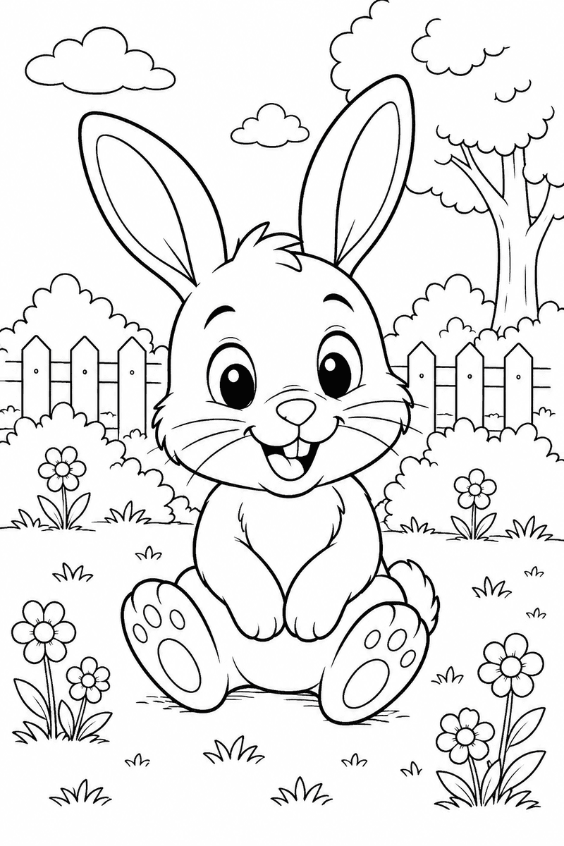 Cute bunny coloring page for kids with a smiling rabbit sitting in a garden