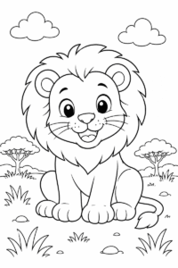 Cute lion coloring page for kids with a smiling lion sitting in the savanna