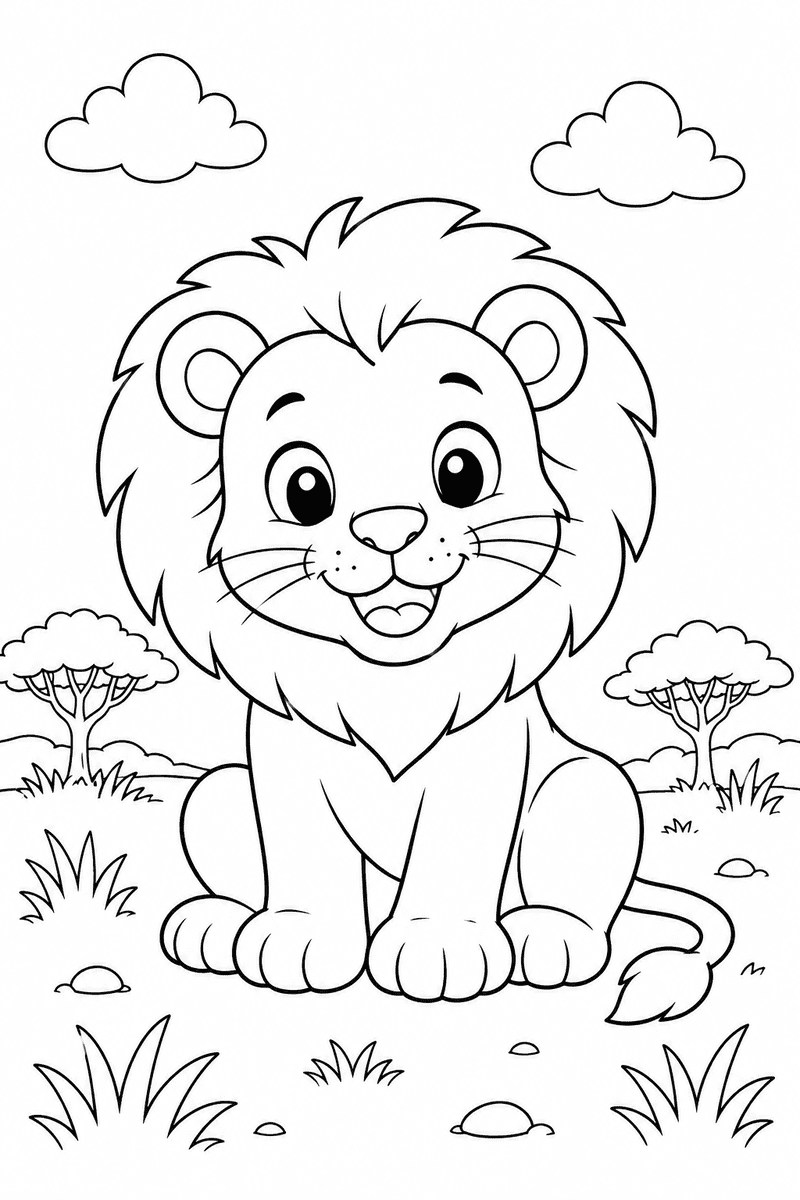 Cute lion coloring page for kids with a smiling lion sitting in the savanna