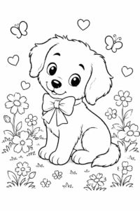 Cute puppy with bow coloring page for kids sitting among flowers and butterflies