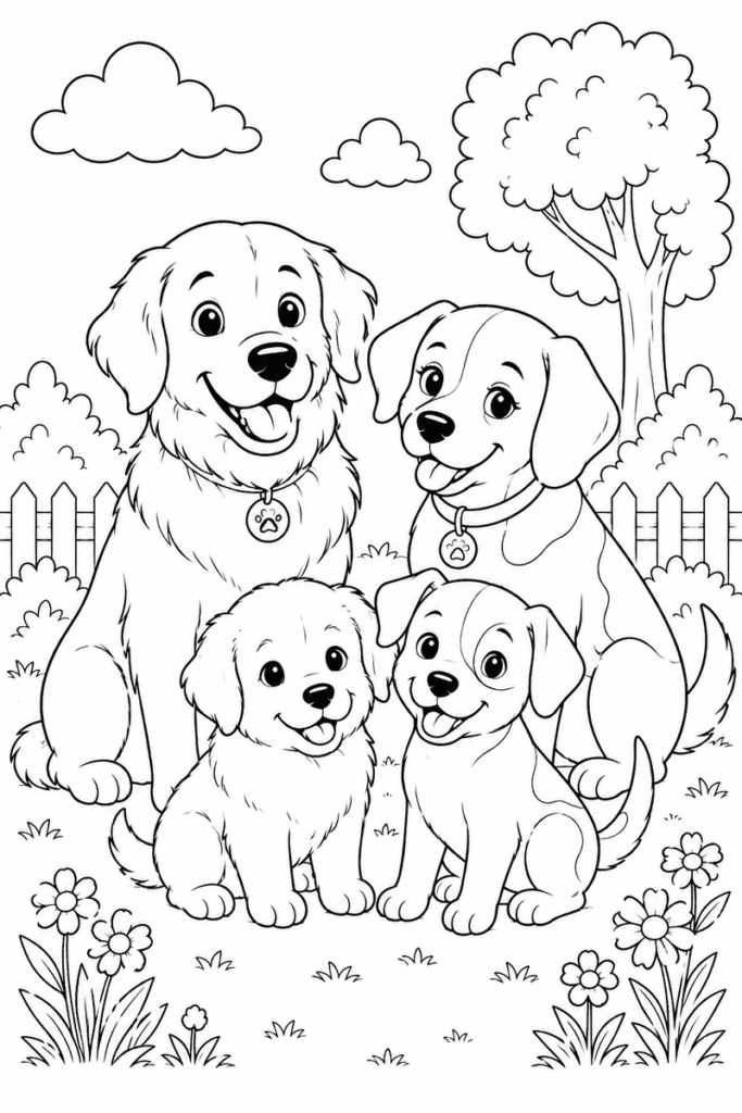 Dog family coloring page for kids with two adult dogs and two puppies in a garden
