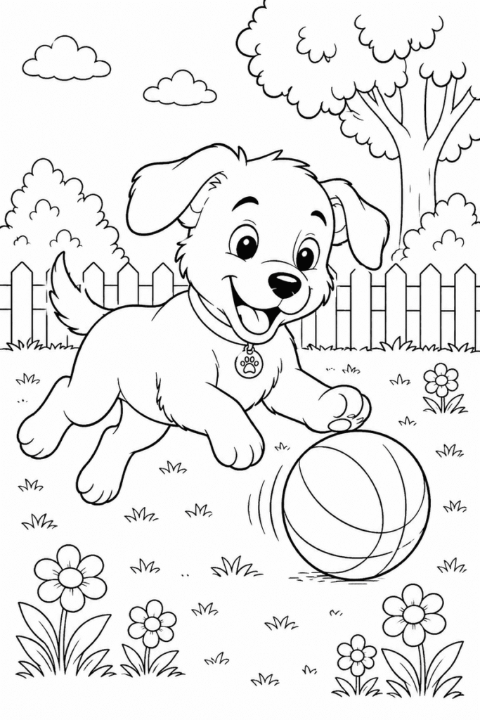 Dog playing with ball coloring page for kids with a happy puppy playing in a garden