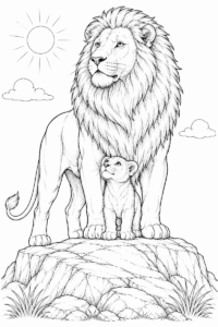 Lion and cub coloring page for kids with a proud lion standing on a rock and a cub looking up