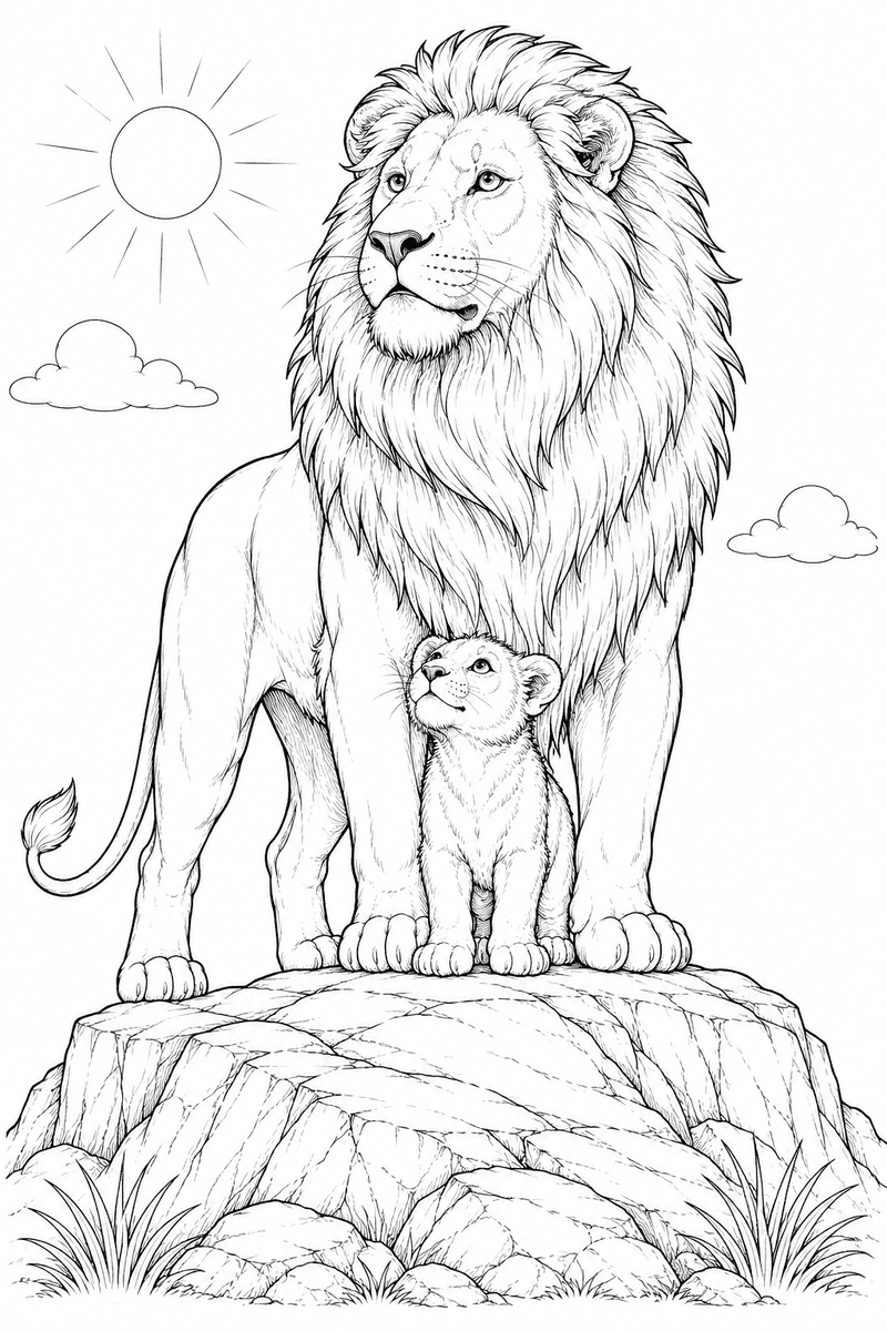 Lion and cub coloring page for kids with a proud lion standing on a rock and a cub looking up
