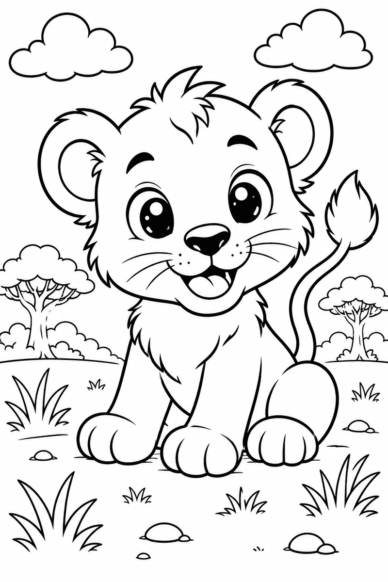 Lion cub coloring page for kids with a cute baby lion sitting in the savanna