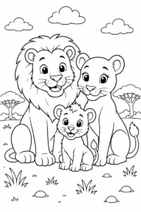 Lion family coloring page for kids with a lion, lioness and cub in the savanna