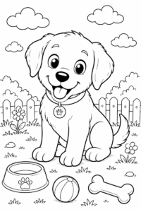 Puppy coloring page for kids with a cute smiling puppy