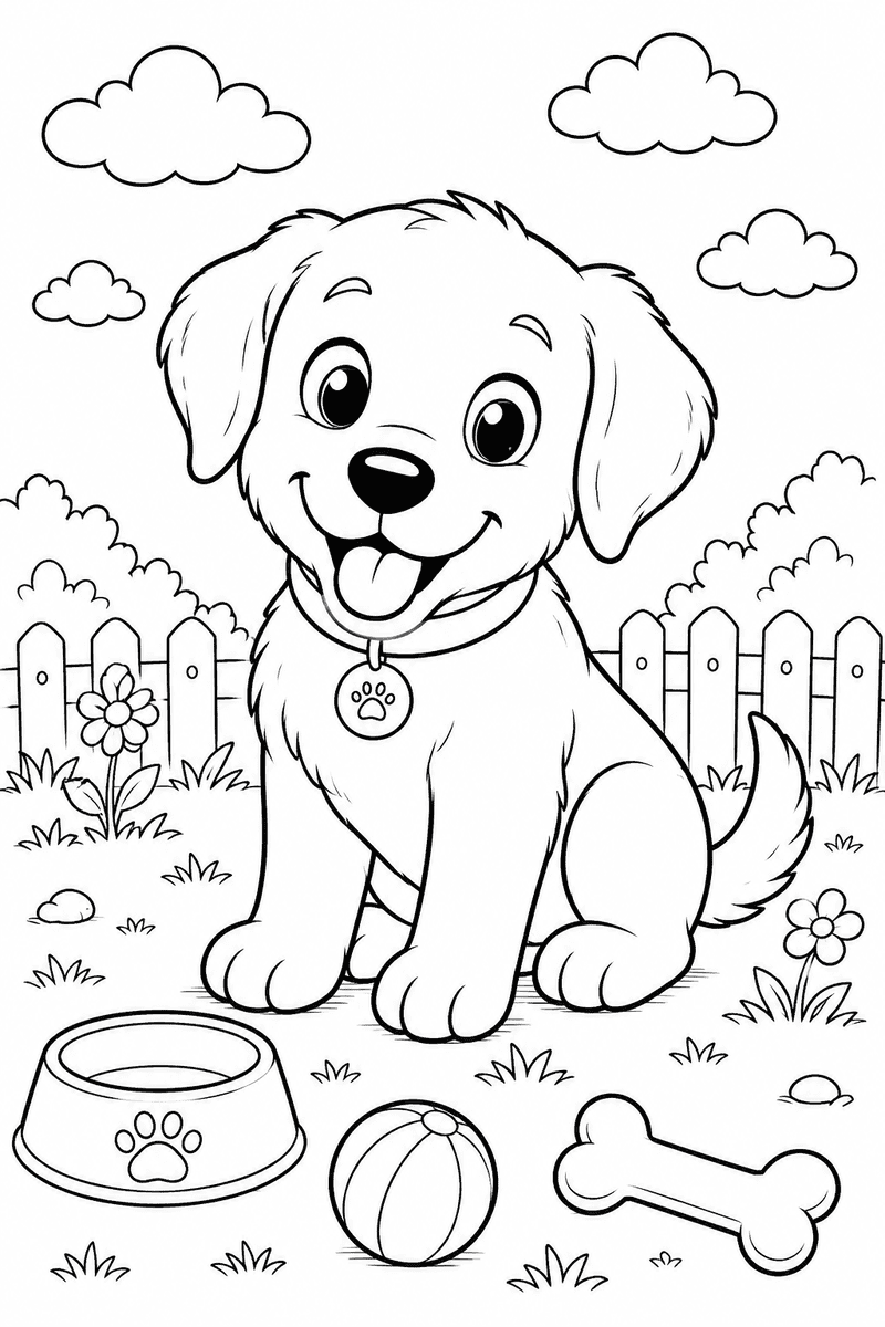 Puppy coloring page for kids with a cute smiling puppy