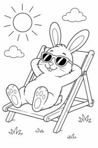 Relaxing bunny coloring page for kids with a rabbit wearing sunglasses on a lounge chair
