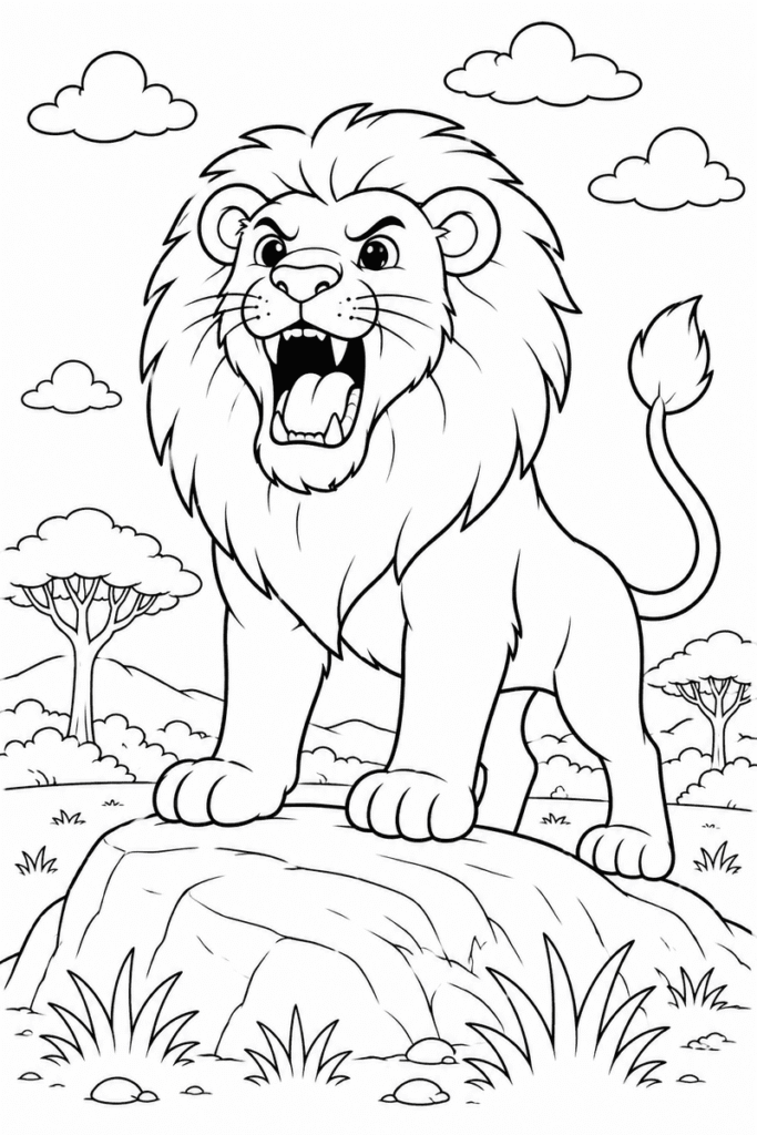 Roaring lion coloring page for kids with a lion standing on a rock in the savanna