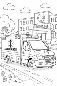 Ambulance at the hospital coloring page for kids featuring a realistic emergency vehicle parked outside a hospital entrance