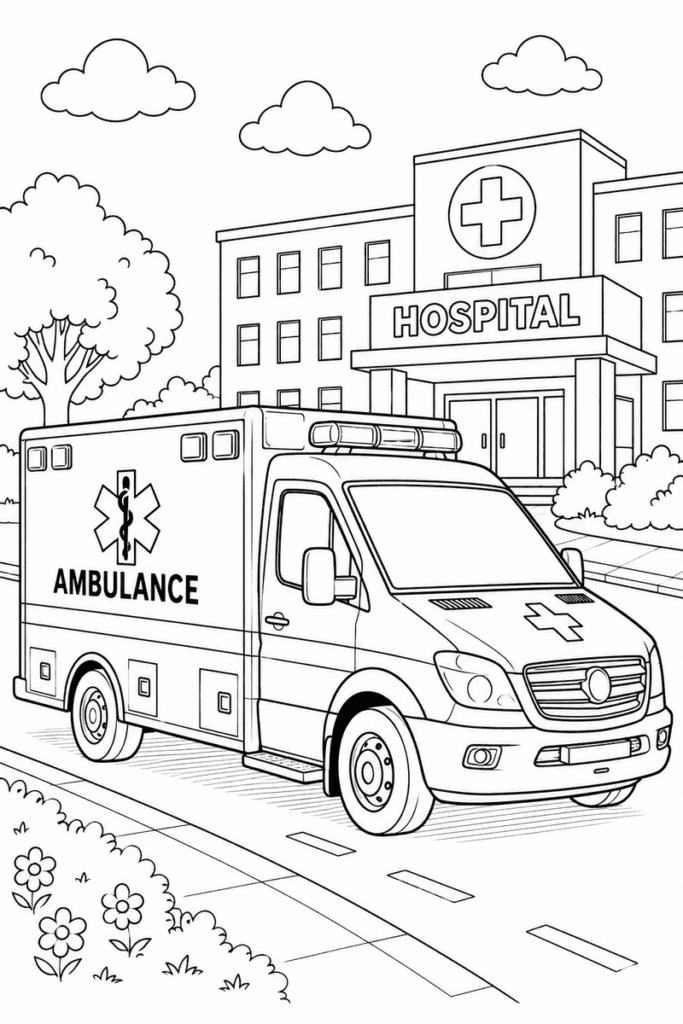 Ambulance at the hospital coloring page for kids featuring a realistic emergency vehicle parked outside a hospital entrance