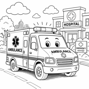 ambulance coloring pages for kids featuring a smiling ambulance in front of a hospital