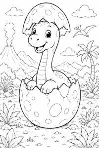 baby Brachiosaurus hatching coloring page for kids featuring a cute long-neck dinosaur breaking out of an egg
