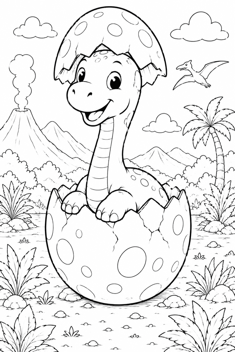 baby Brachiosaurus hatching coloring page for kids featuring a cute long-neck dinosaur breaking out of an egg