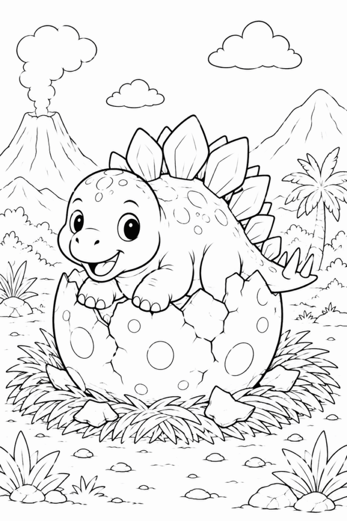 Baby Stegosaurus coloring page for kids featuring a cute dinosaur hatching from an egg in a prehistoric nest