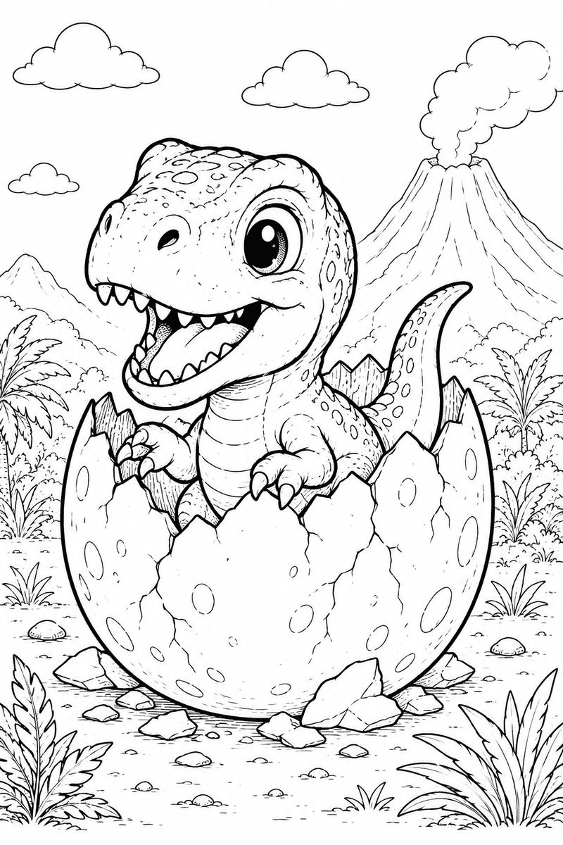 Baby T Rex coloring page for kids featuring a cute dinosaur hatching from an egg in a prehistoric scene