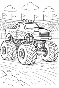 Big monster truck coloring page for kids featuring a giant truck with huge tires in a stadium