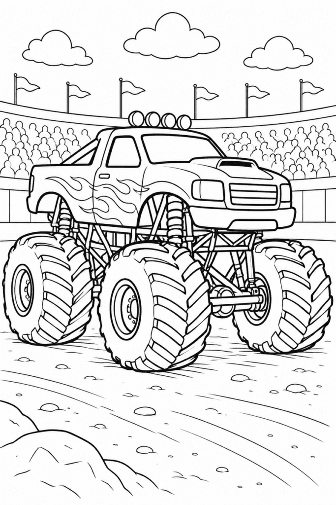 Big monster truck coloring page for kids featuring a giant truck with huge tires in a stadium