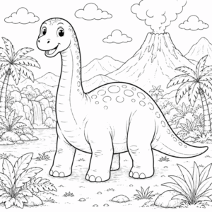 Brachiosaurus coloring pages for kids thumbnail featuring a cute long-neck dinosaur in a prehistoric landscape