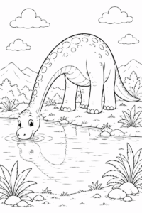 Brachiosaurus drinking water coloring page for kids featuring a cute long-neck dinosaur drinking from a peaceful pond