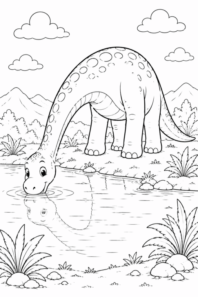 Brachiosaurus drinking water coloring page for kids featuring a cute long-neck dinosaur drinking from a peaceful pond