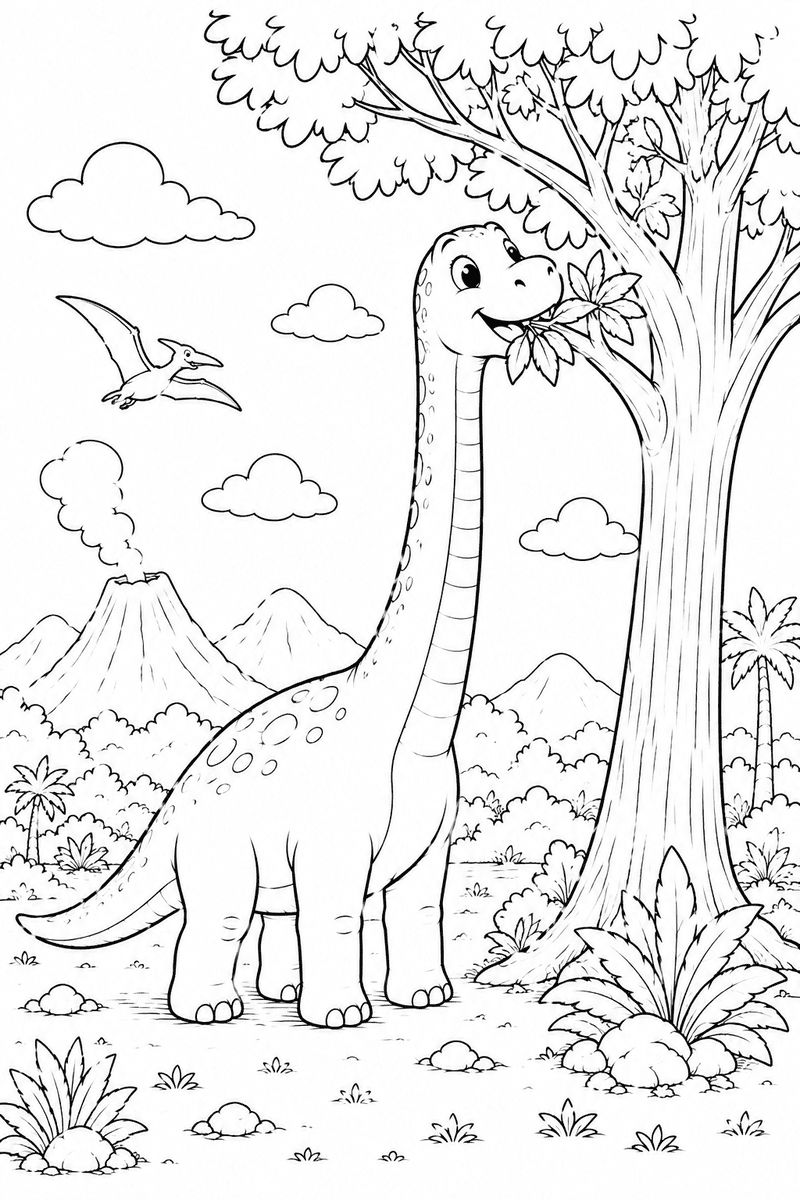 Brachiosaurus eating leaves coloring page for kids featuring a cute long-neck dinosaur eating leaves from a tall tree