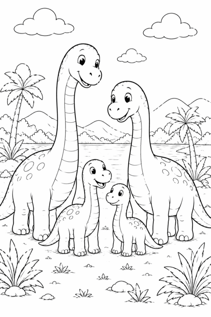 Brachiosaurus family coloring page for kids featuring two adult long-neck dinosaurs and two baby dinosaurs by a peaceful lake