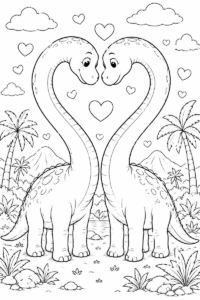 brachiosaurus heart coloring page for kids featuring two long-neck dinosaurs forming a heart shape with their necks