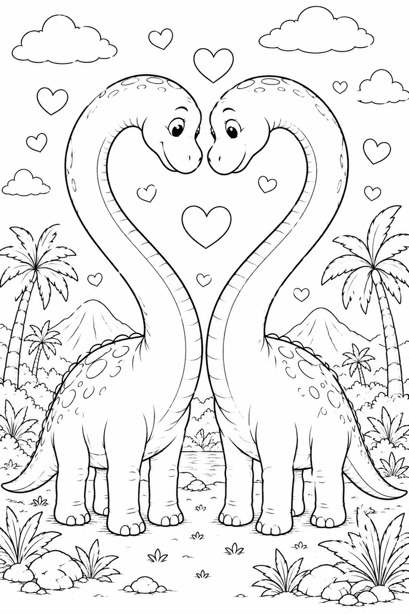 brachiosaurus heart coloring page for kids featuring two long-neck dinosaurs forming a heart shape with their necks